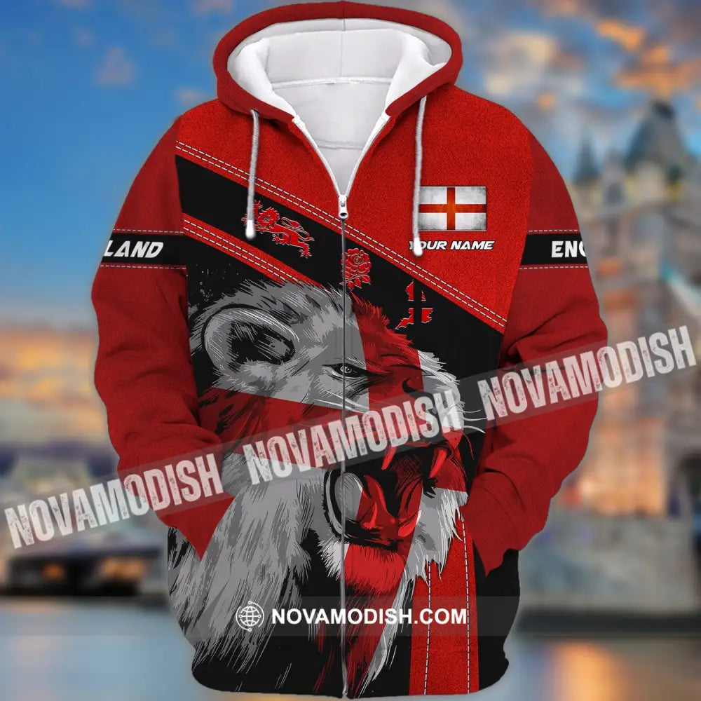 Unisex Shirt - Custom Name T-Shirt England Red Lion And Roses Zipper Hoodie / S T-shirt