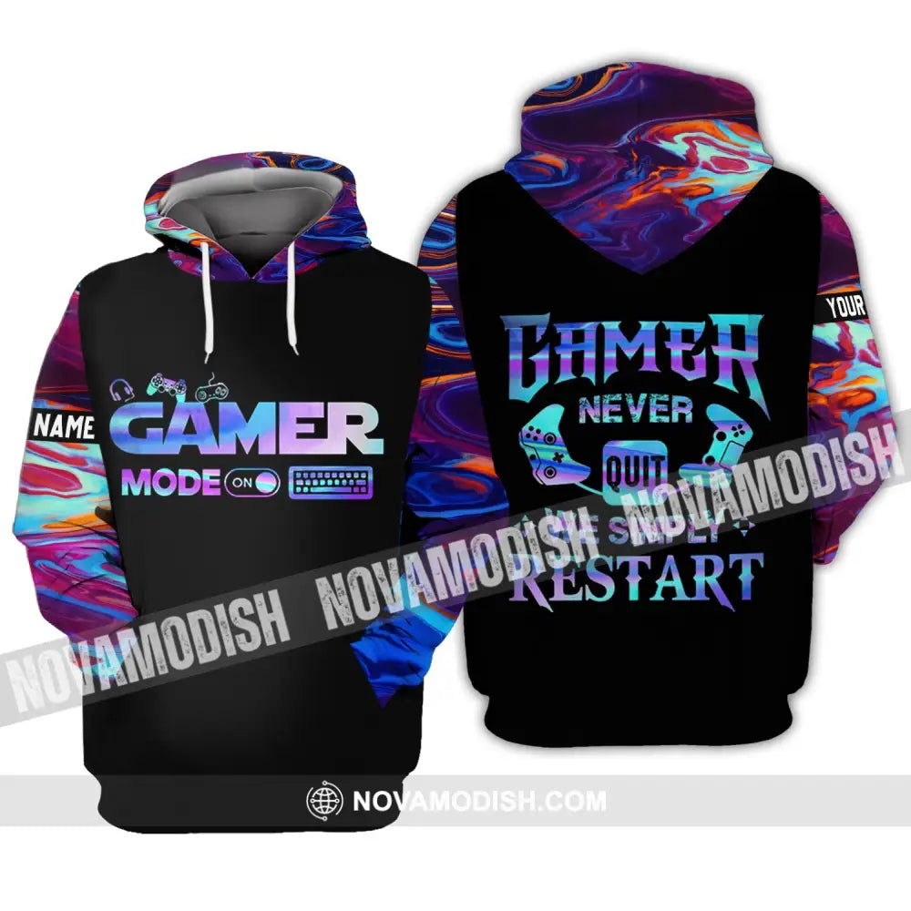 Unisex Shirt - Custom Name T-Shirt Gamer Mode On Gamer Never Quit We Simple Restart Hoodie / S T-shirt