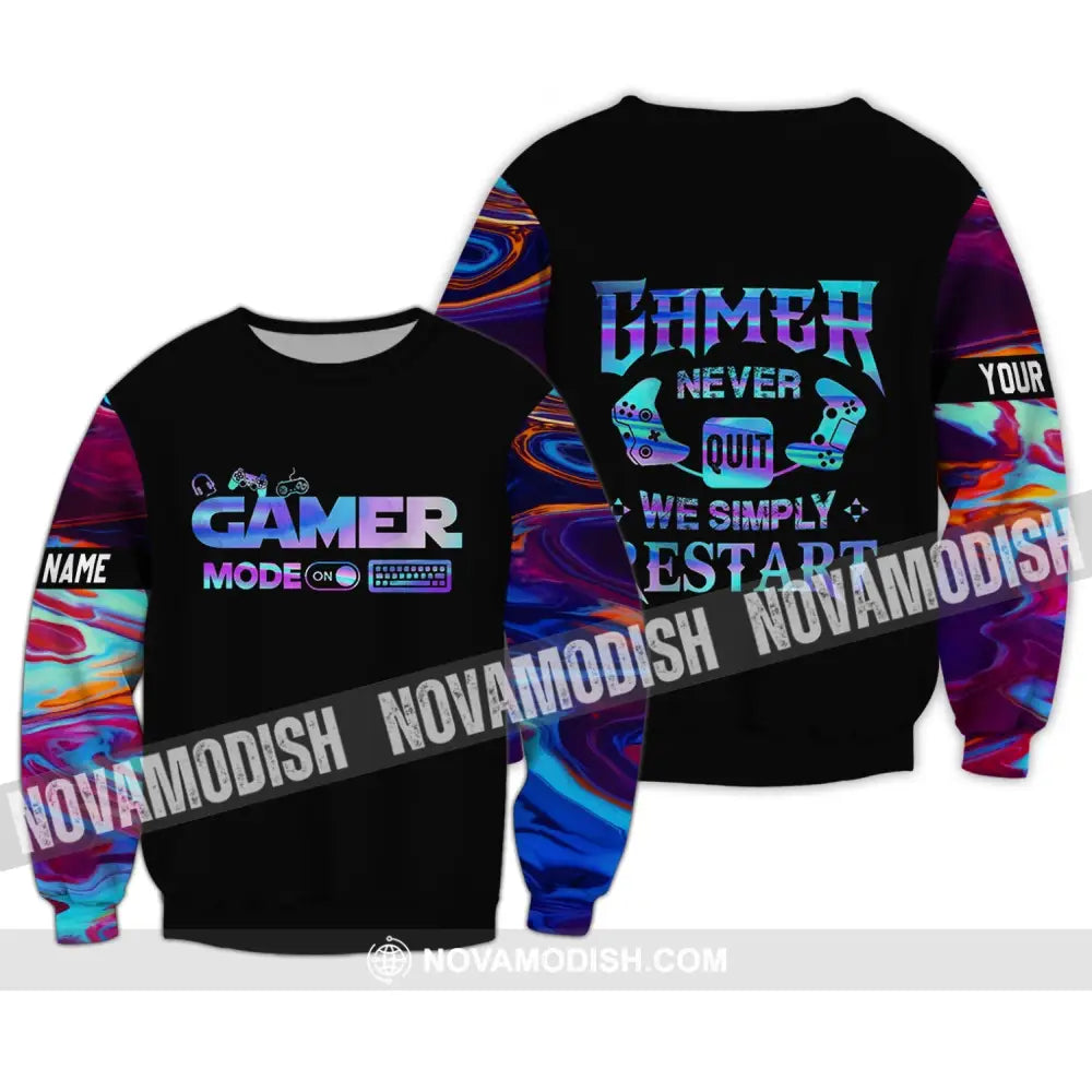 Unisex Shirt - Custom Name T-Shirt Gamer Mode On Gamer Never Quit We Simple Restart Long Sleeve / S T-shirt