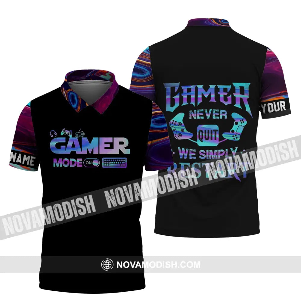 Unisex Shirt - Custom Name T-Shirt Gamer Mode On Gamer Never Quit We Simple Restart Polo Shirt / S T-shirt