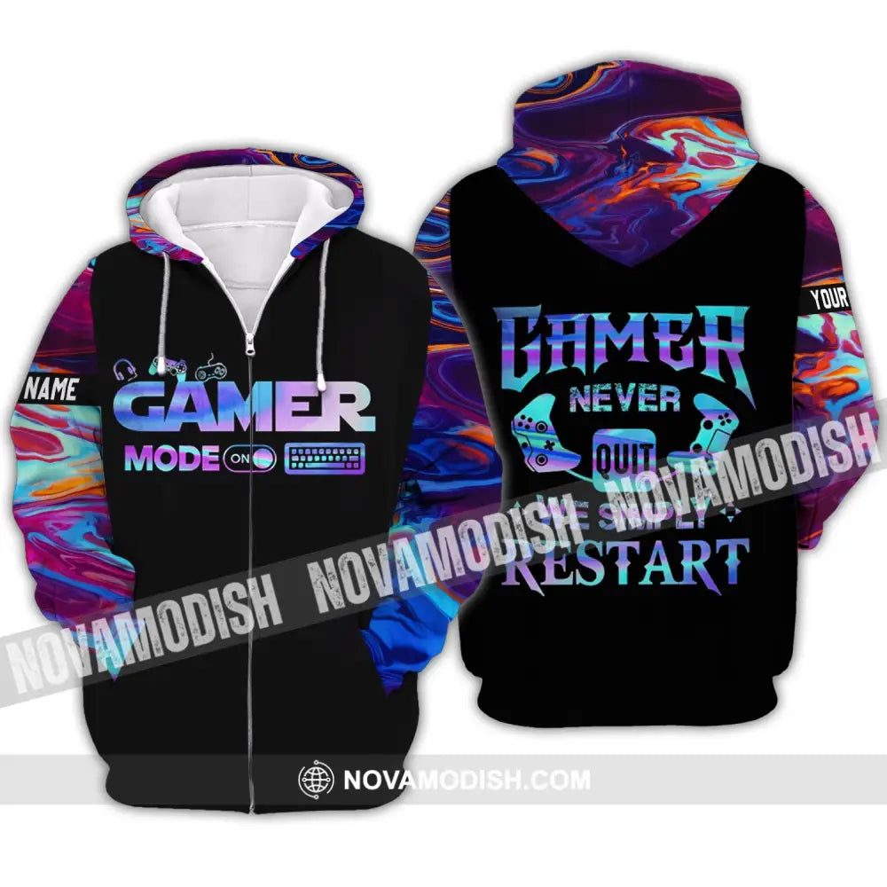 Unisex Shirt - Custom Name T-Shirt Gamer Mode On Gamer Never Quit We Simple Restart Zipper Hoodie / S T-shirt