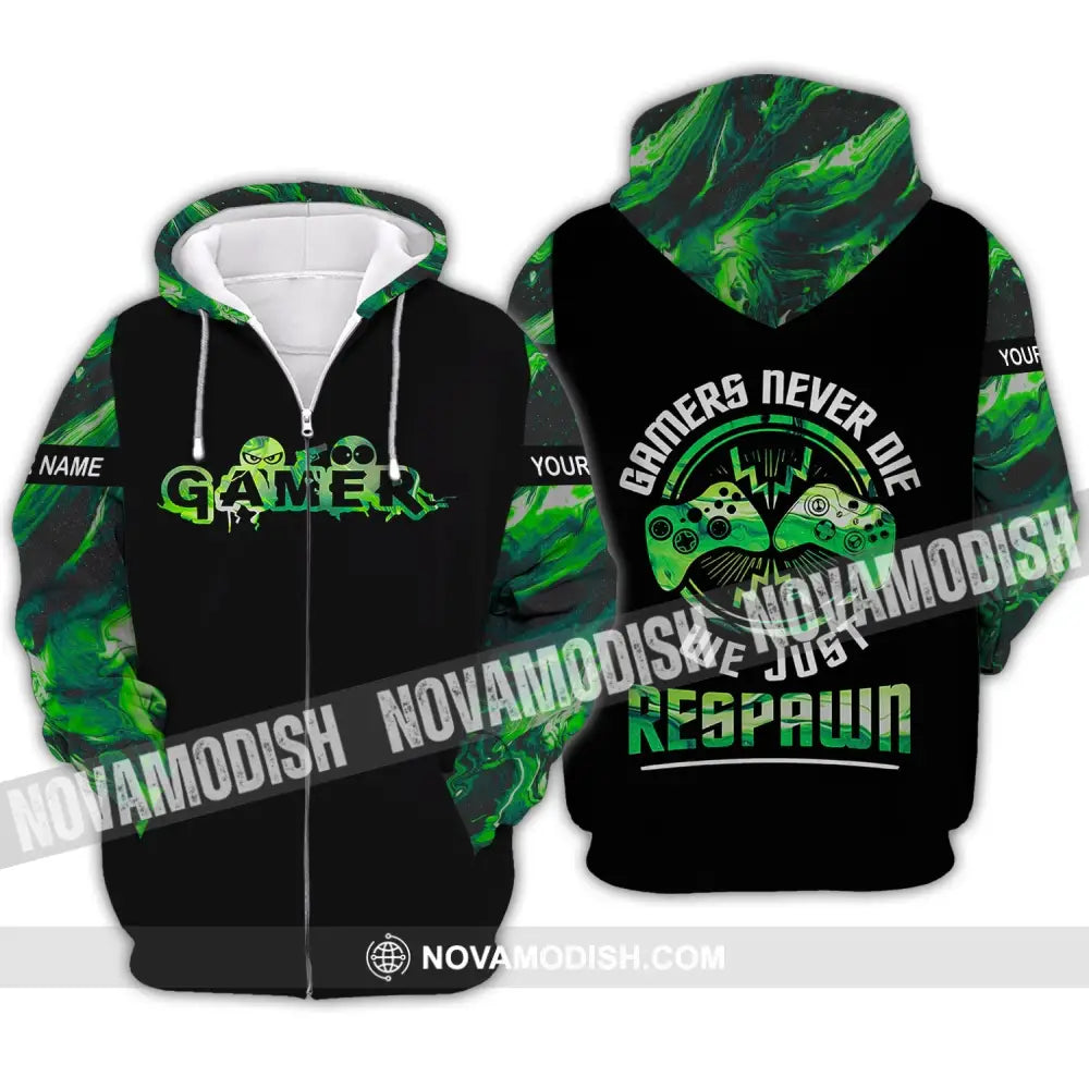 Unisex Shirt - Custom Name T-Shirt Gamers Never Die We Just Respawn Zipper Hoodie / S T-shirt