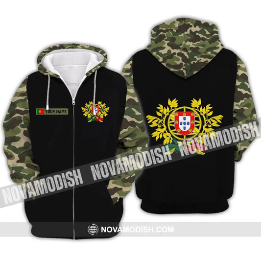 Unisex Shirt - Custom Name T-Shirt Portugal Coat Of Arms Camo Shirt Zipper Hoodie / S T-shirt