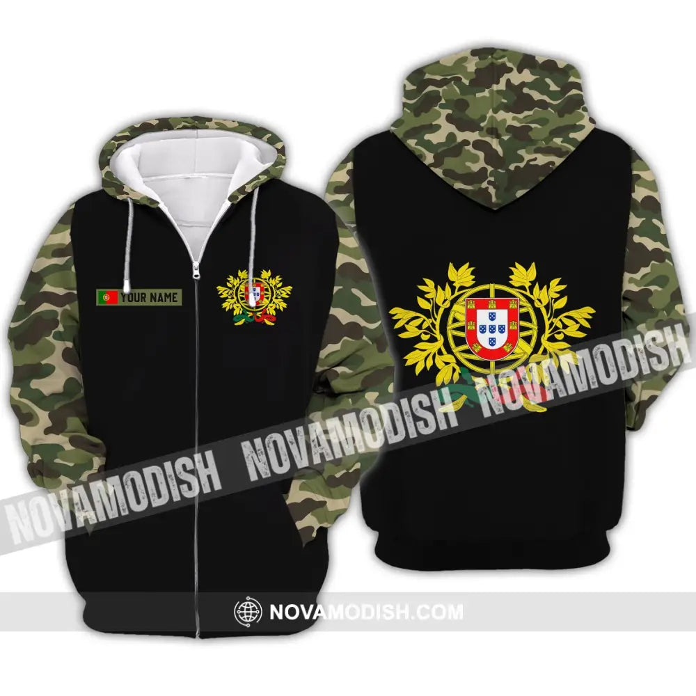 Unisex Shirt - Custom Name T-Shirt Portugal Coat Of Arms Camo Shirt Zipper Hoodie / S T-shirt