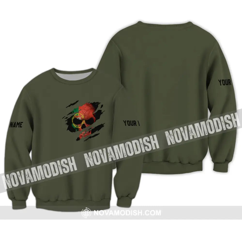 Unisex Shirt - Custom Name T-Shirt Portugal Flag Skull Long Sleeve / S T-shirt