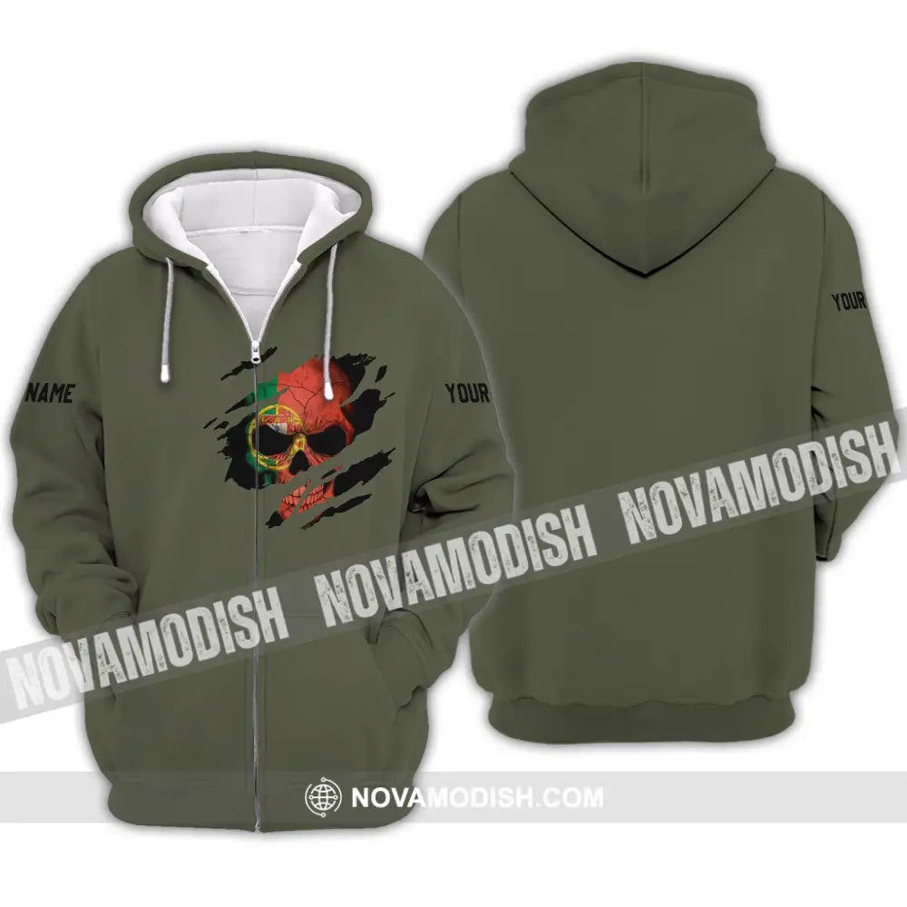 Unisex Shirt - Custom Name T-Shirt Portugal Flag Skull Zipper Hoodie / S T-shirt