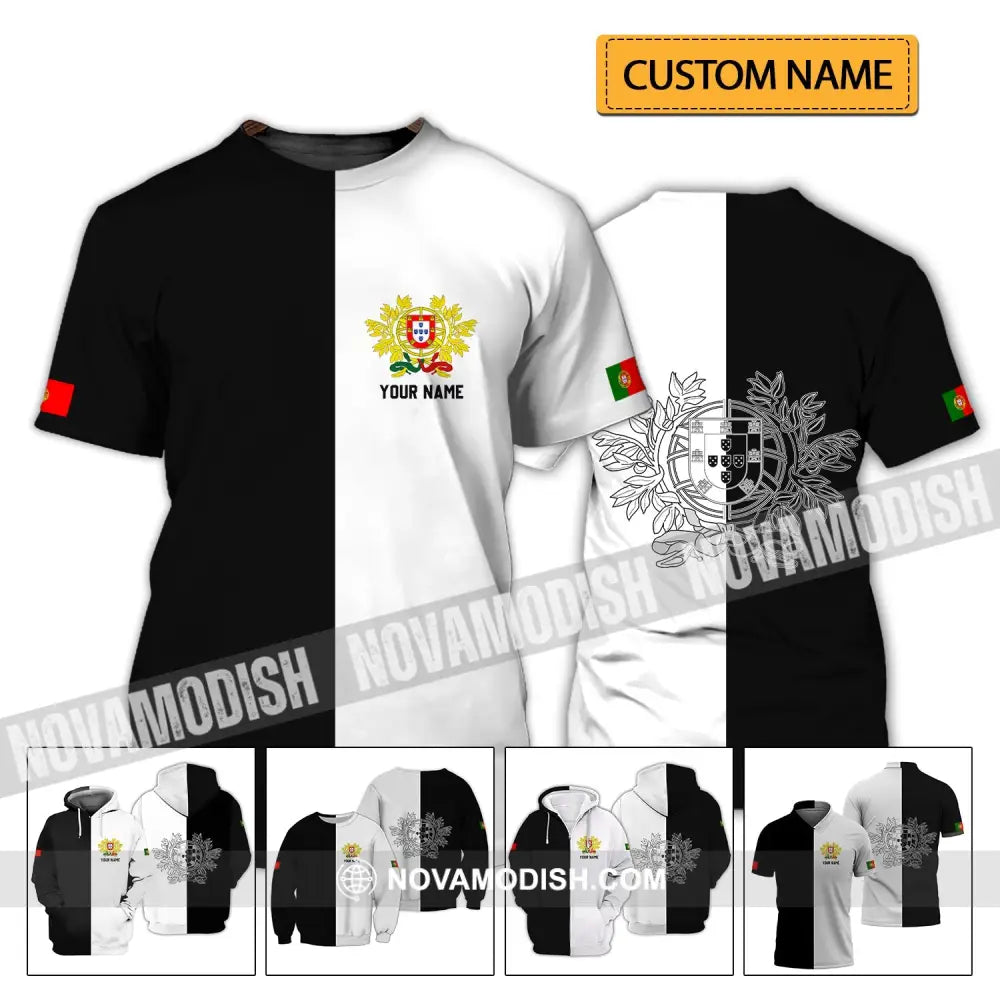 Unisex Shirt - Custom Name T-Shirt Portugal Half Black Half White Clothing T-shirt