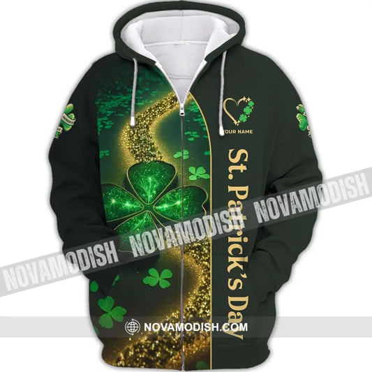 Unisex Shirt - Custom Name T-Shirt - ST. Patrick’s Day Clothing Heart With 4-Leaf Clover Shirt Zipper Hoodie / S T-shirt