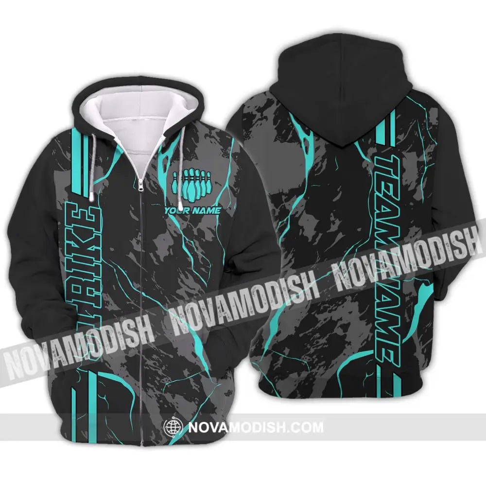 Unisex Shirt - Custom Name Shirt - Team Name Shirt Cyan Strike Bowling Shirt Zipper Hoodie / S T-shirt