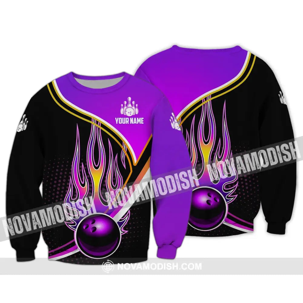 Unisex Shirt - Custom Name Shirt - Team Name Shirt Purple Bowling Ball Fire Long Sleeve / S T-shirt