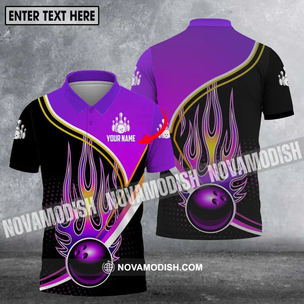 Unisex Shirt - Custom Name Shirt - Team Name Shirt Purple Bowling Ball Fire Polo Shirt / S T-shirt
