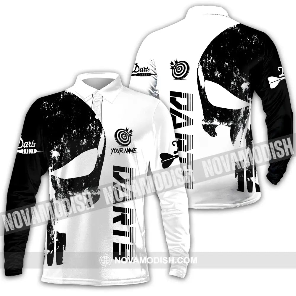 Unisex Shirt - Custom Name The Skull Darts Black And White Sport Shirt Long Sleeve Polo / S T-shirt