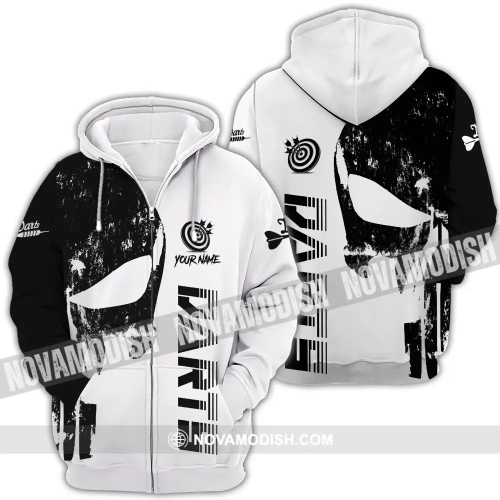 Unisex Shirt - Custom Name The Skull Darts Black And White Sport Shirt Zipper Hoodie / S T-shirt