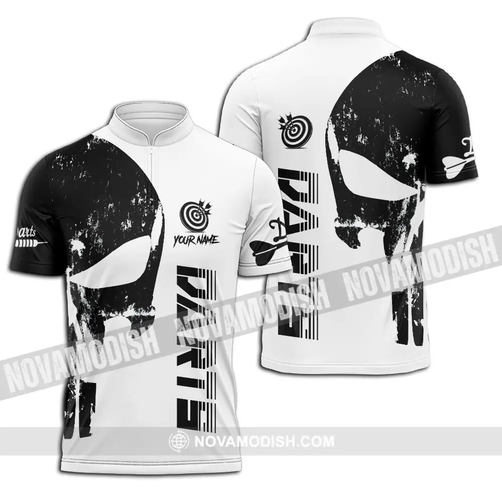 Unisex Shirt - Custom Name The Skull Darts Black And White Sport Shirt Zipper Polo Shirt / S T-shirt