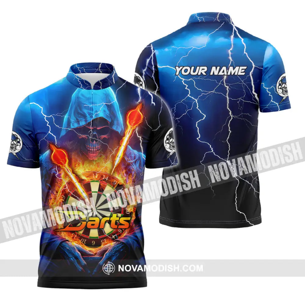 Unisex Shirt - Custom Name The Skull Darts Sport Shirt Fire And Ice Darts Zipper Polo Shirt / S T-shirt