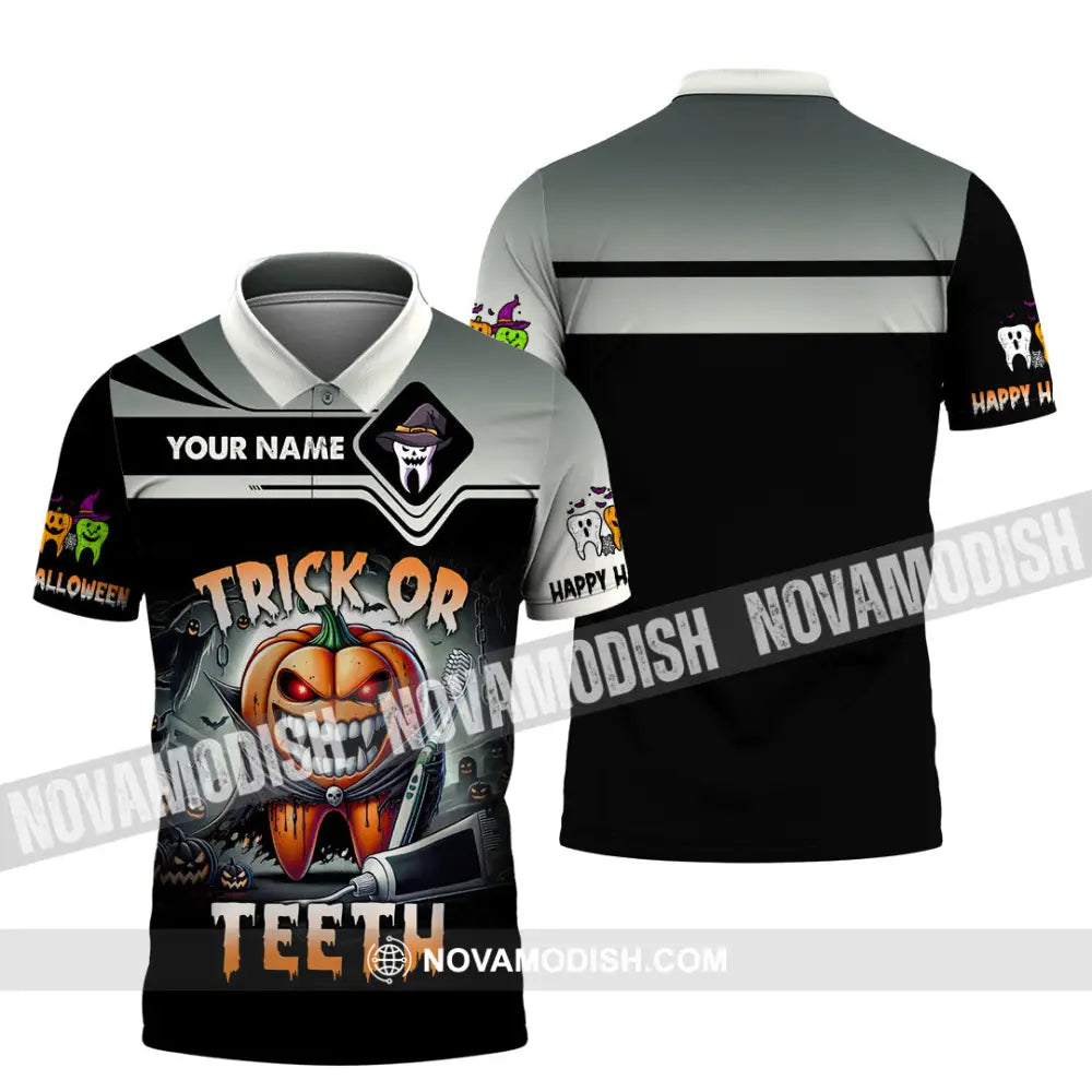 Unisex Shirt Custom Name Trick Or Teeth Halloween Polo Long Sleeve Gift / S T-Shirt