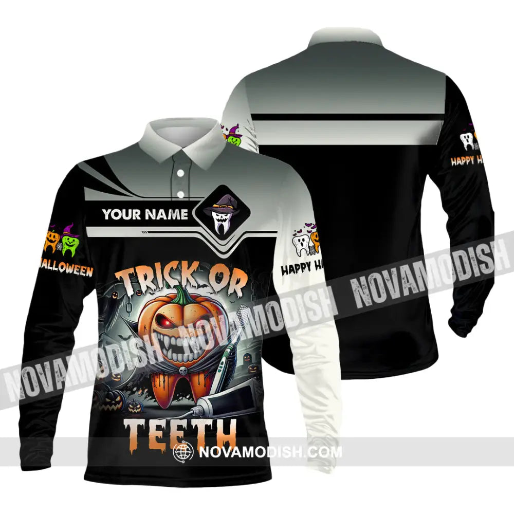 Unisex Shirt Custom Name Trick Or Teeth Halloween Polo Long Sleeve Gift / S T-Shirt