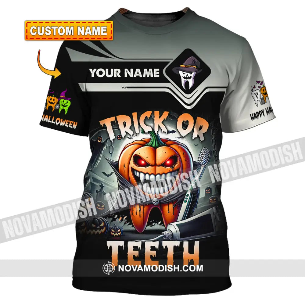 Unisex Shirt Custom Name Trick Or Teeth Halloween Polo Long Sleeve Gift T-Shirt