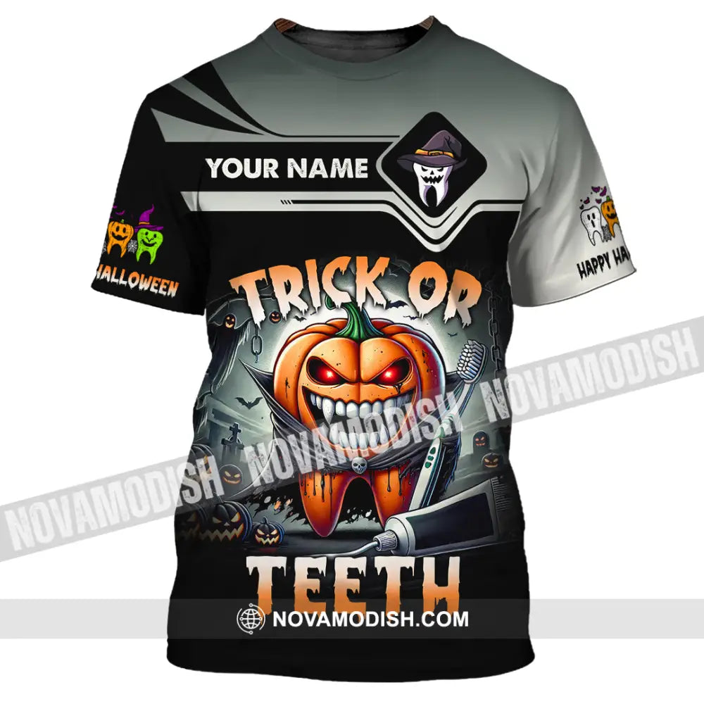 Unisex Shirt Custom Name Trick Or Teeth Halloween Polo Long Sleeve Gift T-Shirt / S T-Shirt