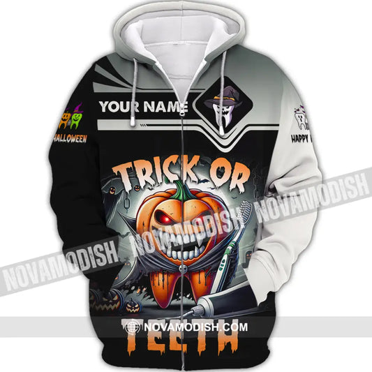 Unisex Shirt Custom Name Trick Or Teeth Halloween Polo Long Sleeve Gift Zipper Hoodie / S T-Shirt