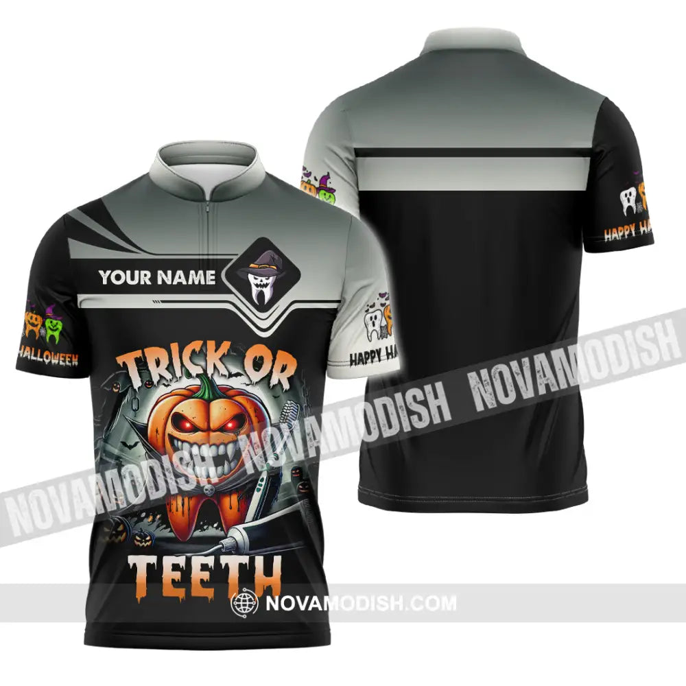 Unisex Shirt Custom Name Trick Or Teeth Halloween Polo Long Sleeve Gift Zipper / S T-Shirt