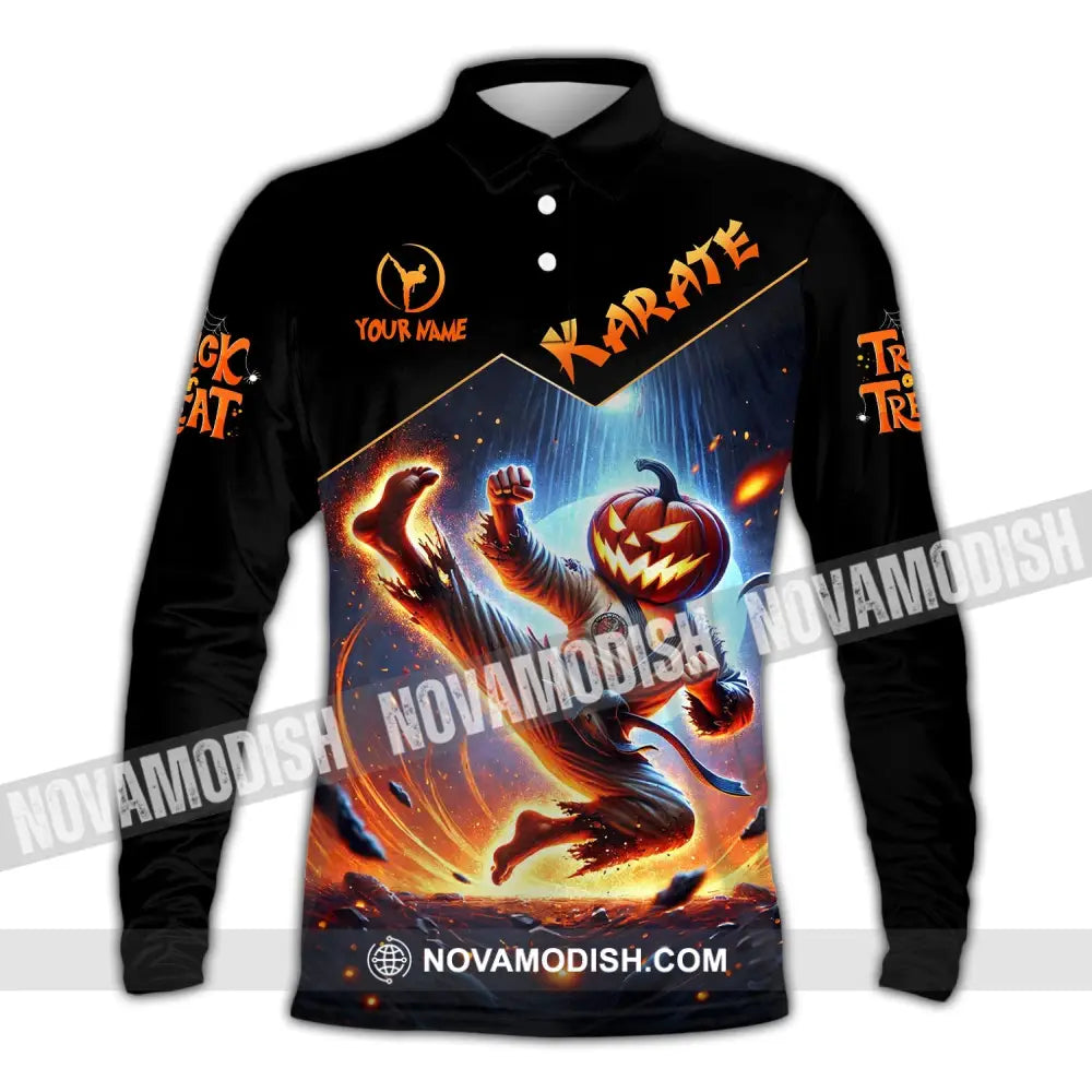 Unisex Shirt - Custom Name Trick Or Treat Karate Long Sleeve Polo / S T-Shirt