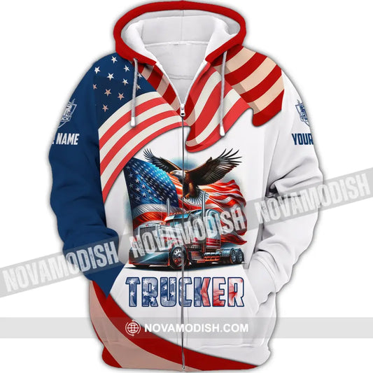 Unisex Shirt Custom Name Trucker T-Shirt Usa Flag Zipper Hoodie / S