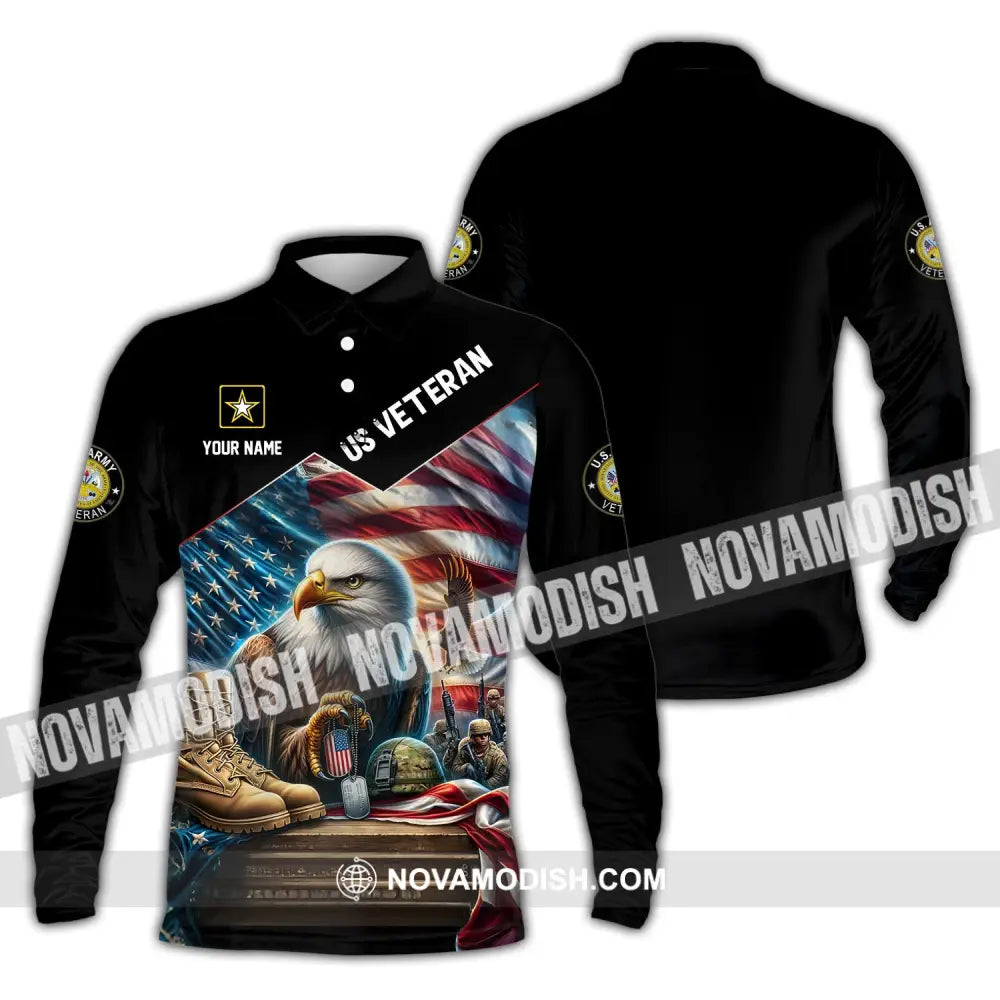 Unisex Shirt - Custom Name Us Veteran Long Sleeve Polo / S T-Shirt