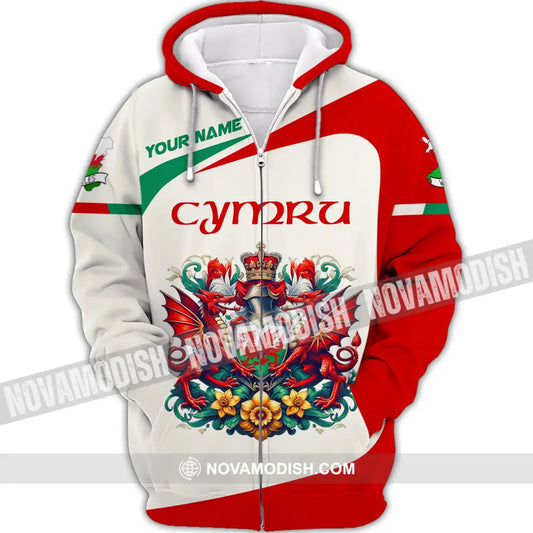 Unisex Shirt Custom Name Wales T-Shirt Cymru Zipper Hoodie / S