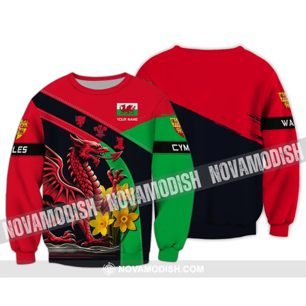 Unisex Shirt Custom Name Wales T-Shirt Welsh Dragon Cymru Long Sleeve / S