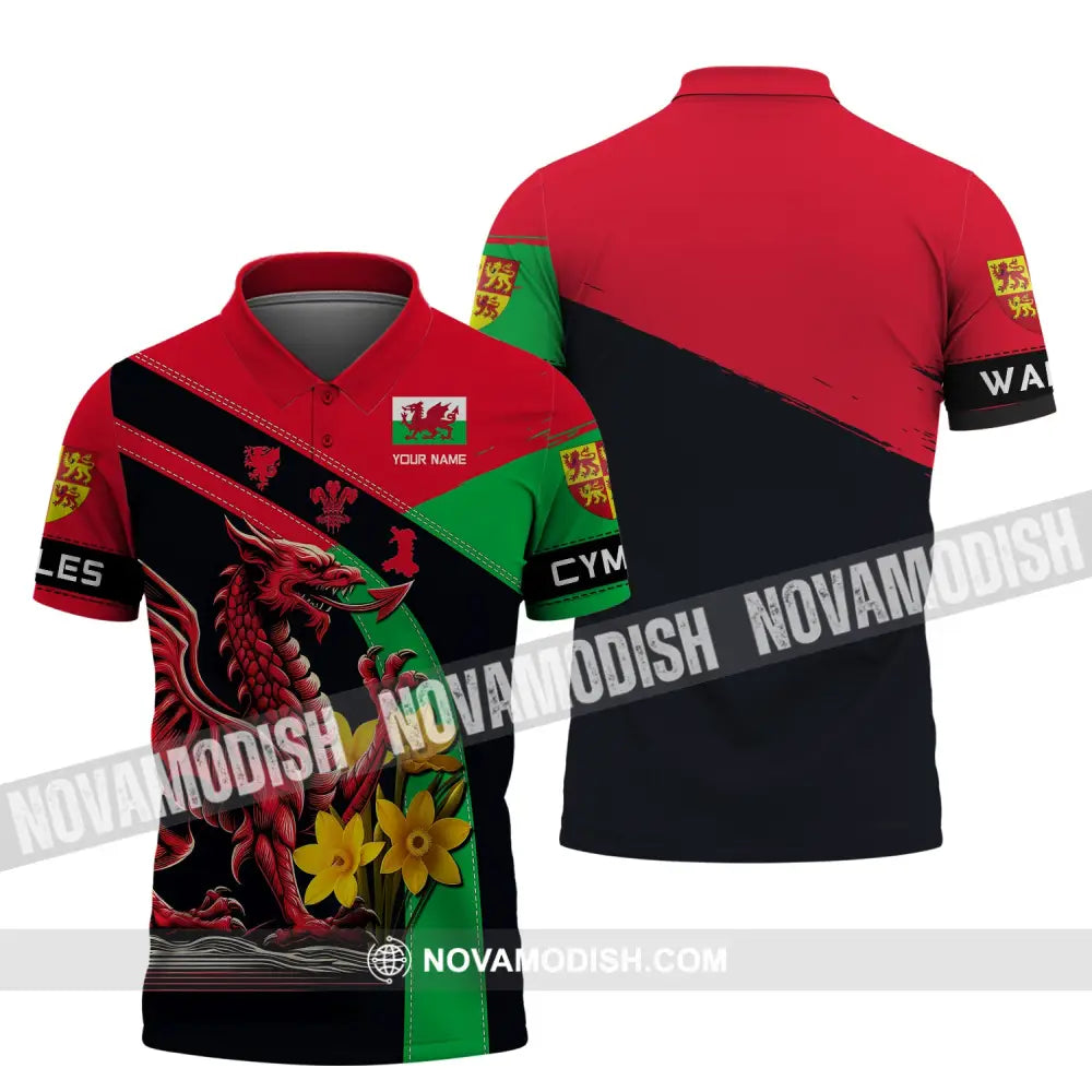 Unisex Shirt Custom Name Wales T-Shirt Welsh Dragon Cymru Polo / S