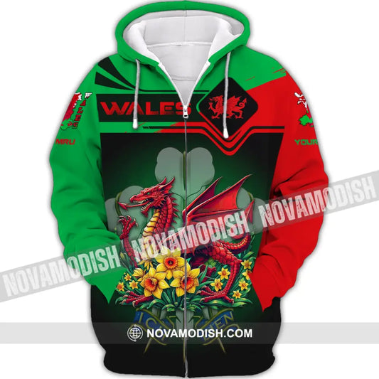 Unisex Shirt Custom Name Wales T-Shirt Welsh Dragon Cymru Zipper Hoodie / S