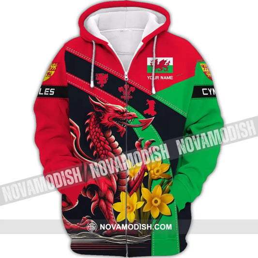 Unisex Shirt Custom Name Wales T-Shirt Welsh Dragon Cymru Zipper Hoodie / S