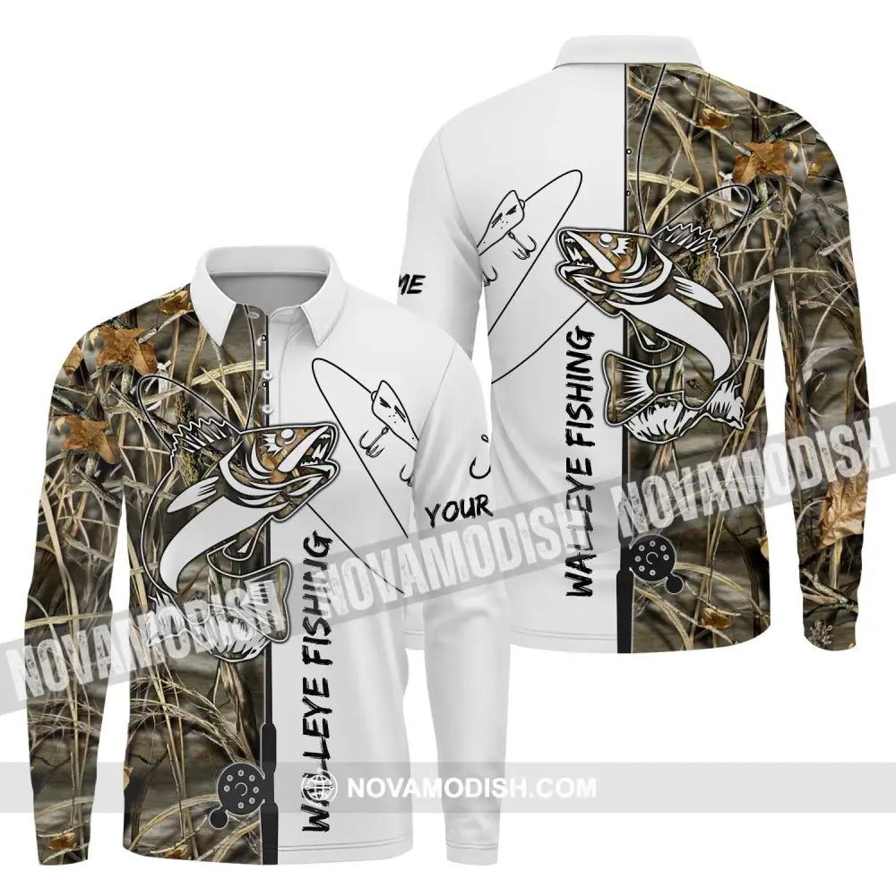 Unisex Shirt - Custom Name Walleye Fishing Shirt Long Sleeve Polo / S T-shirt