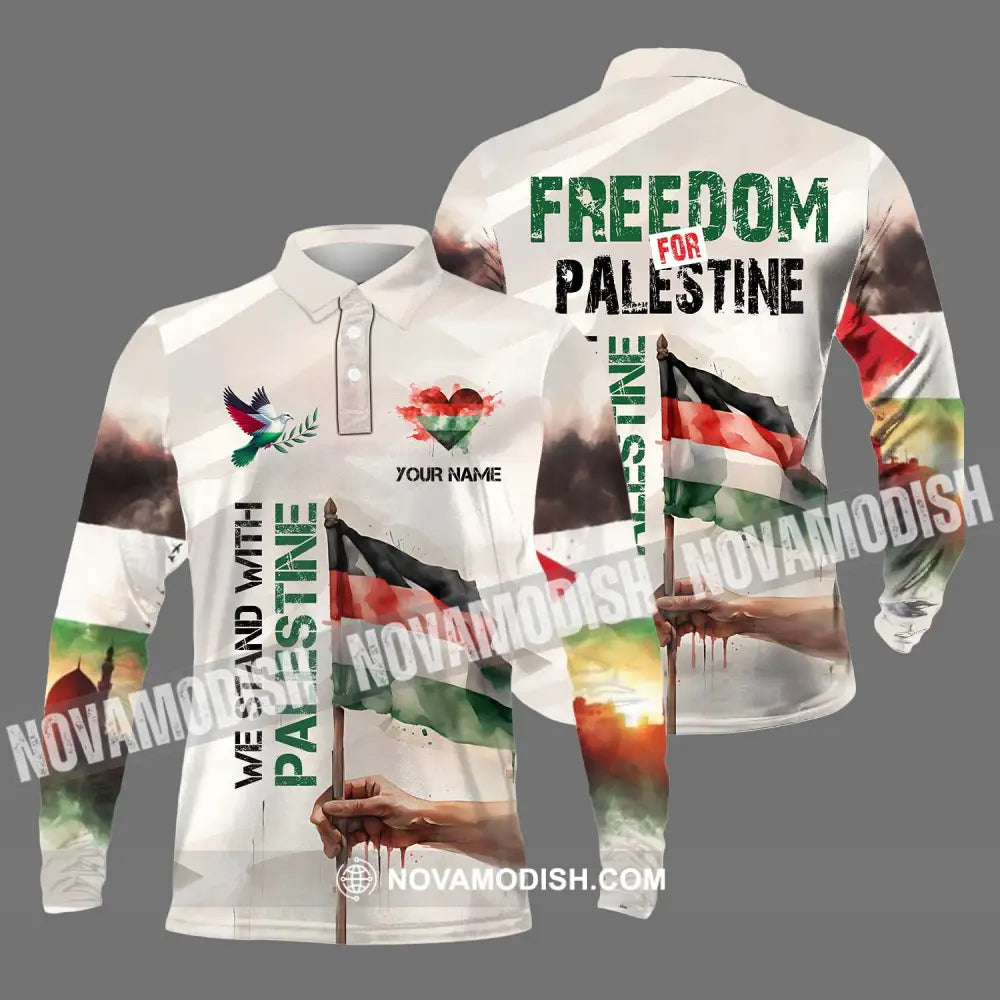 Unisex Shirt - Custom Name Shirt We Stand With Palestine Long Sleeve Polo / S T-shirt