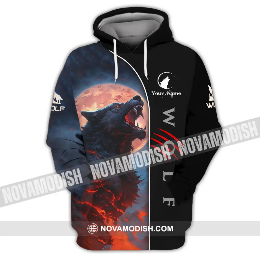 Unisex Shirt - Custom Name Shirt - Wolf And Red Moon Shirt Hoodie / S T-shirt