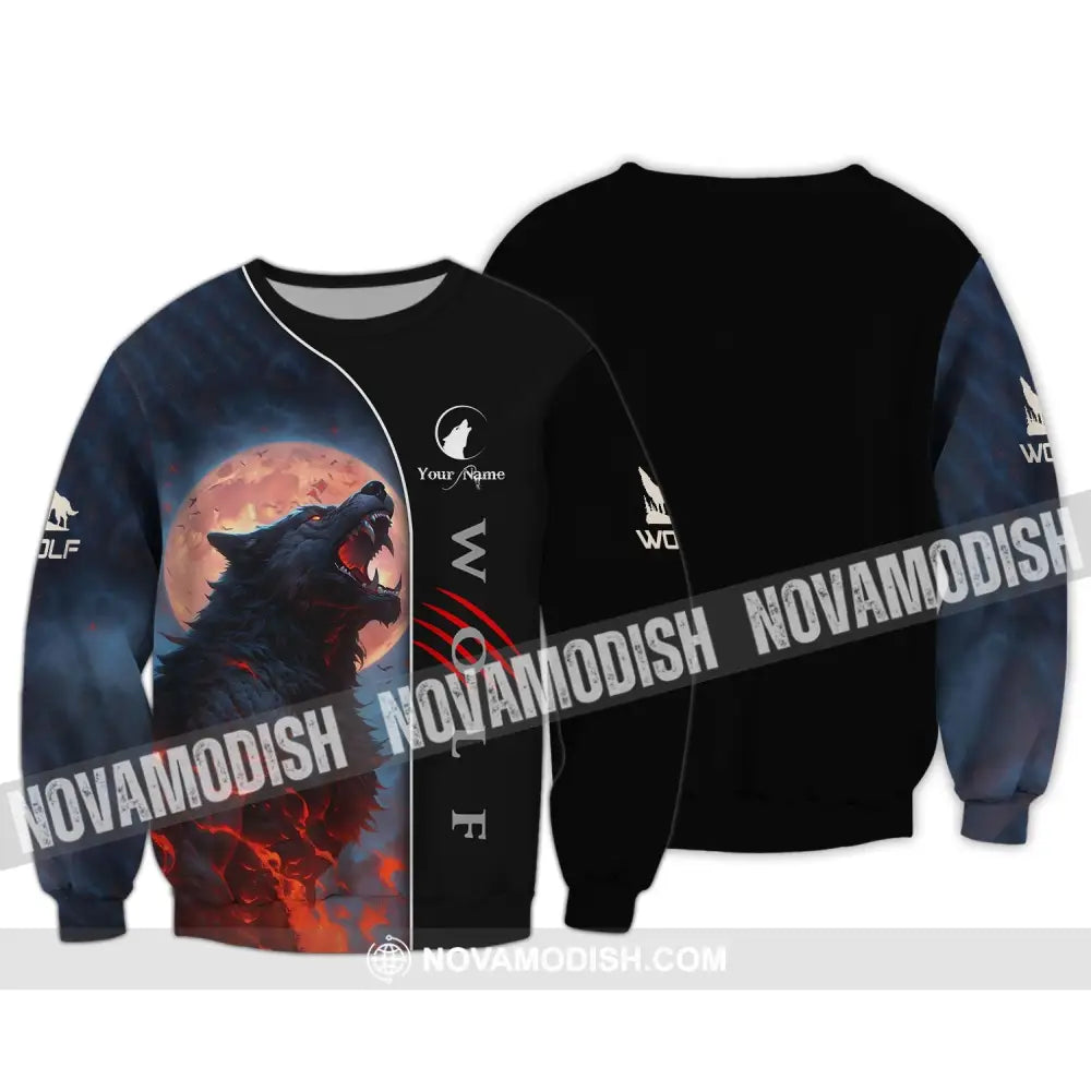 Unisex Shirt - Custom Name Shirt - Wolf And Red Moon Shirt Long Sleeve / S T-shirt