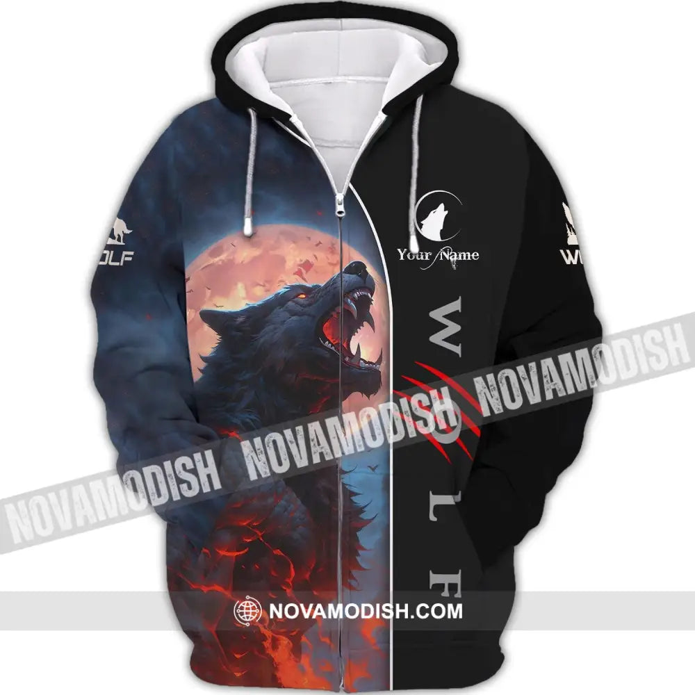 Unisex Shirt - Custom Name Shirt - Wolf And Red Moon Shirt Zipper Hoodie / S T-shirt