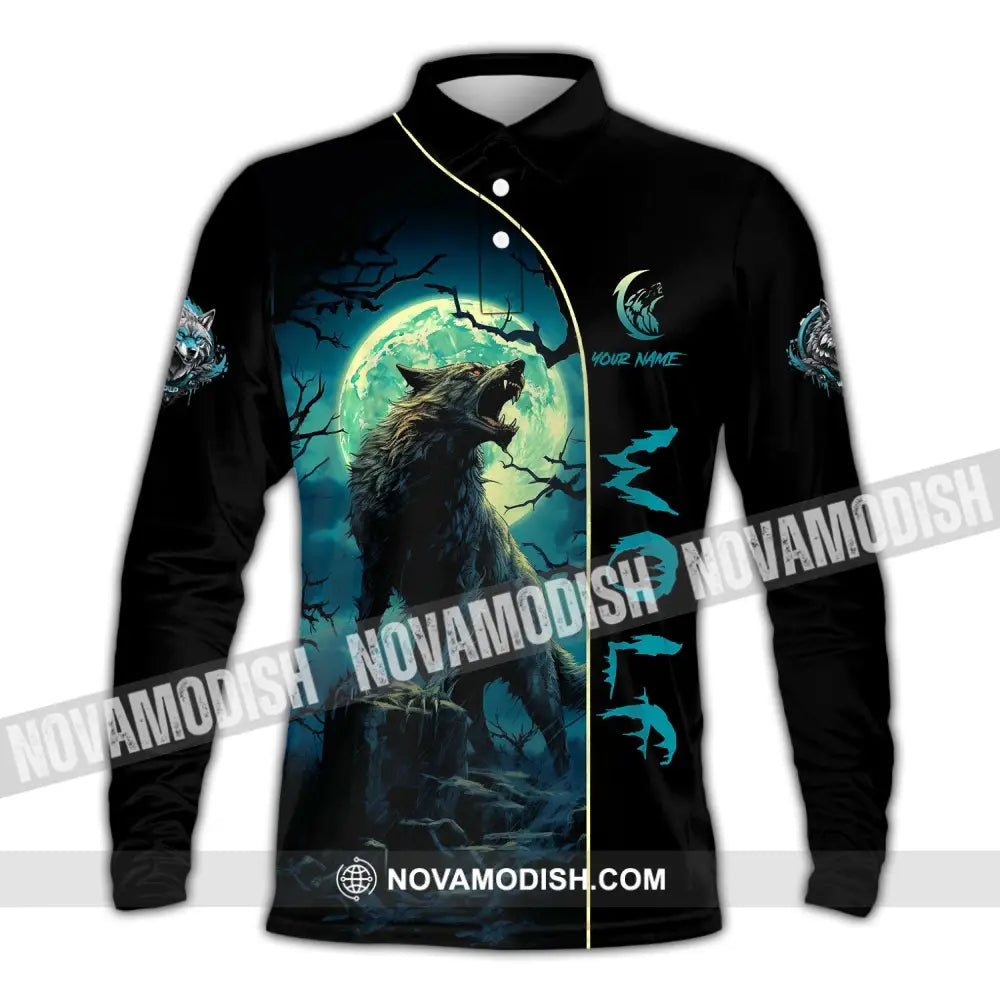 Unisex Shirt Custom Name Wolf Long Sleeve Polo Gift For Lovers / S T-Shirt