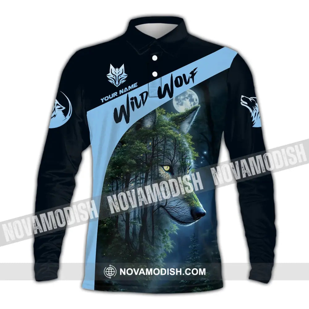 Unisex Shirt Custom Name Wolf Wild Long Sleeve Polo / S T-Shirt