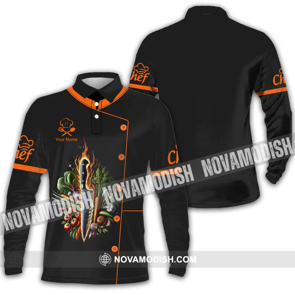 Unisex Shirt - Custom Orange Name Chef Shirt Long Sleeve Polo / S T-shirt