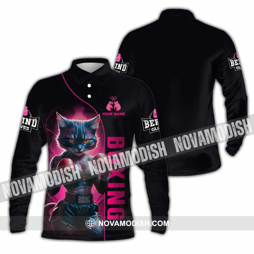 Unisex Shirt - Custom Sexy Boxing Cat Boxing Lover Shirt Long Sleeve Polo / S T-shirt