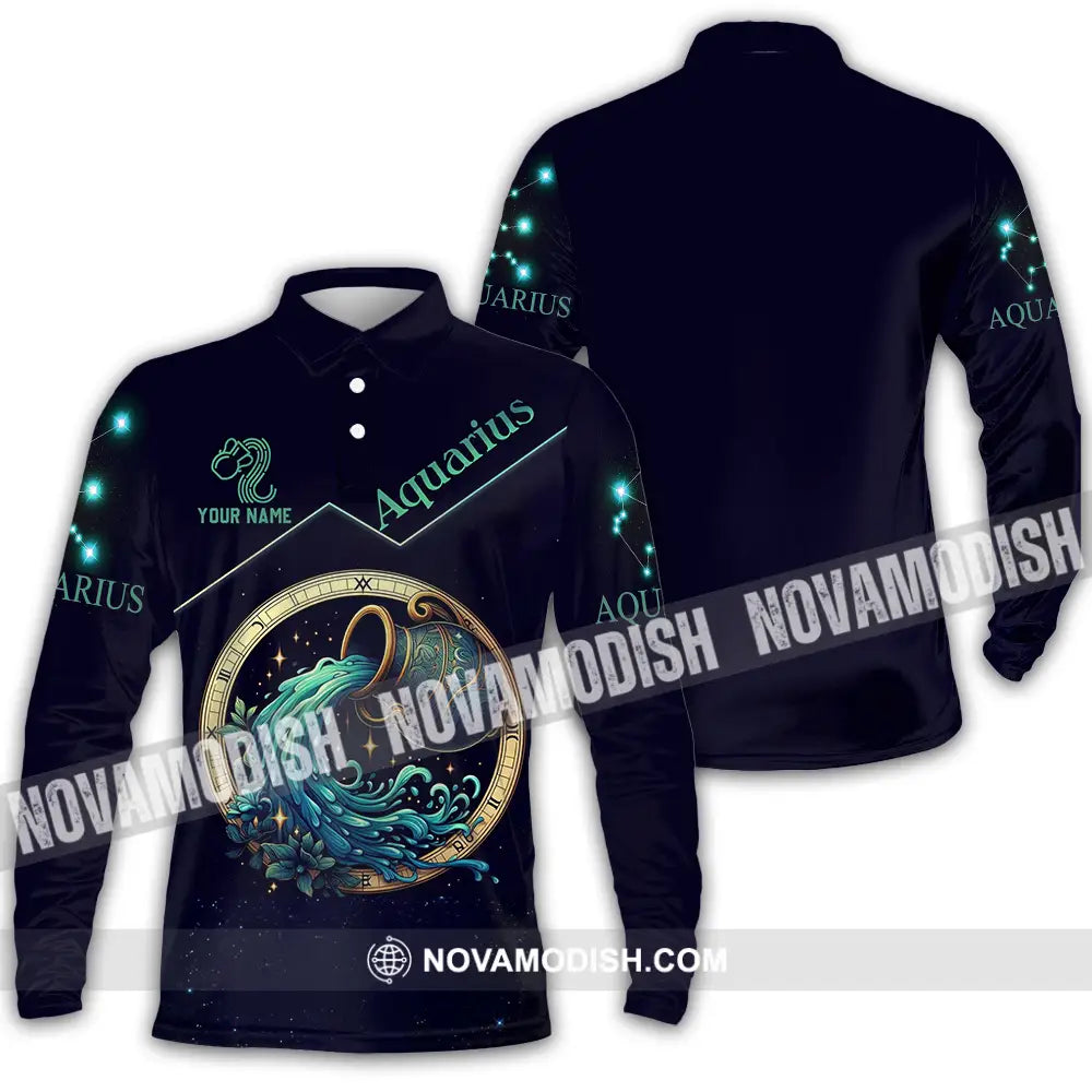 Unisex Shirt - Custom Text Shirt Aquarius Long Sleeve Polo / S T-shirt