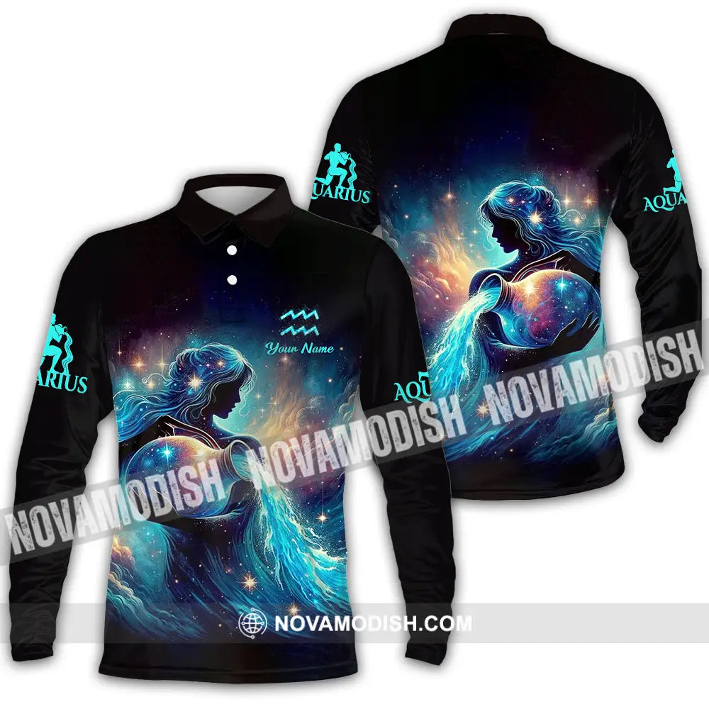 Unisex Shirt - Custom Text Shirt Aquarius Long Sleeve Polo / S T-shirt