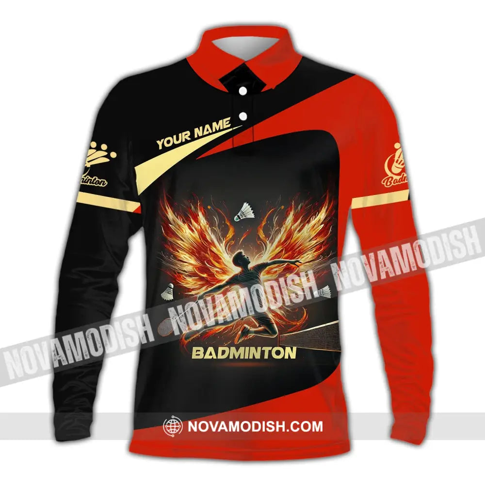 Unisex Shirt - Custom Text Badminton Long Sleeve Polo / S T-Shirt