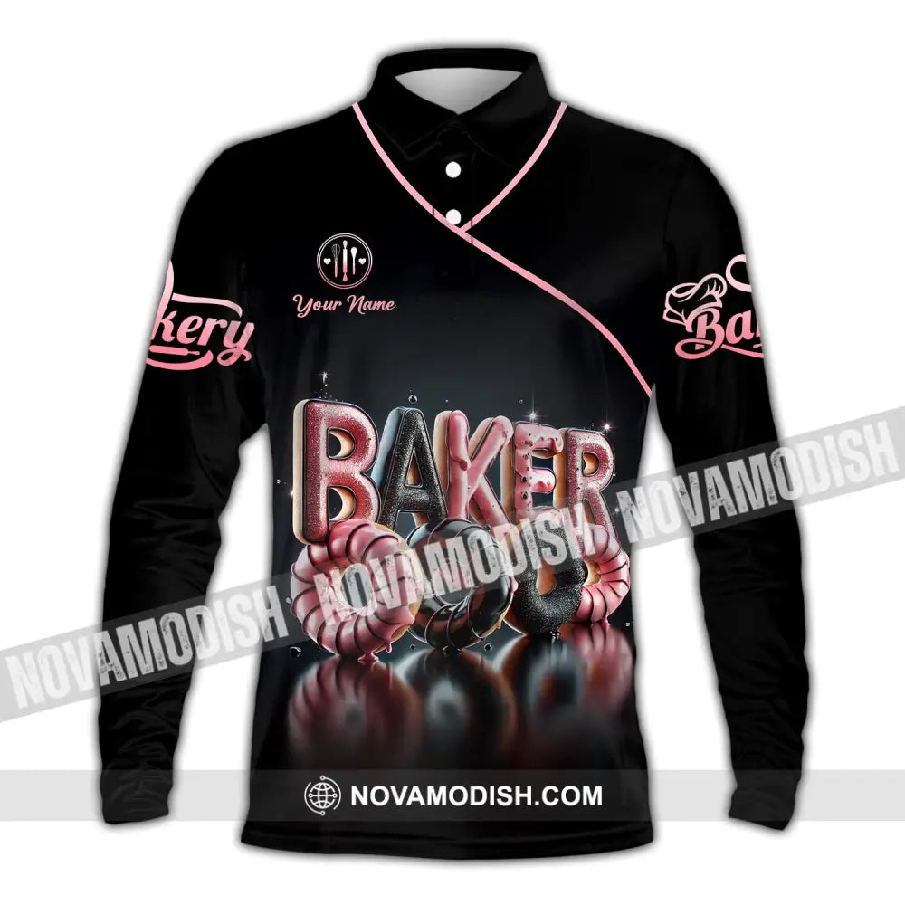 Unisex Shirt - Custom Text Baker Donuts Long Sleeve Polo / S T-Shirt