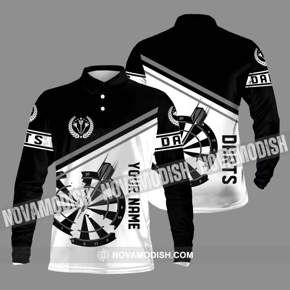 Unisex Shirt - Custom Text Black And White Darts Sport Shirt Long Sleeve Polo / S T-shirt
