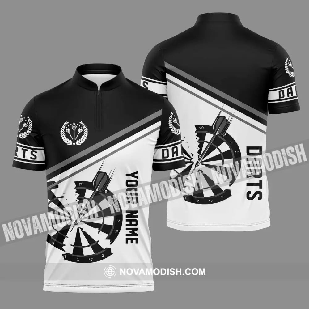 Unisex Shirt - Custom Text Black And White Darts Sport Shirt Zipper Polo Shirt / S T-shirt