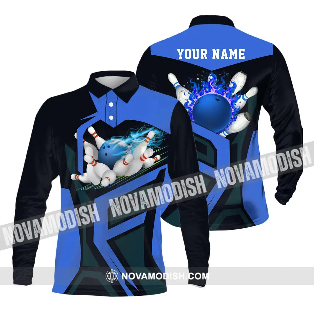Unisex Shirt - Custom Text Blue Bowling Player Sport Shirt Long Sleeve Polo / S T-shirt