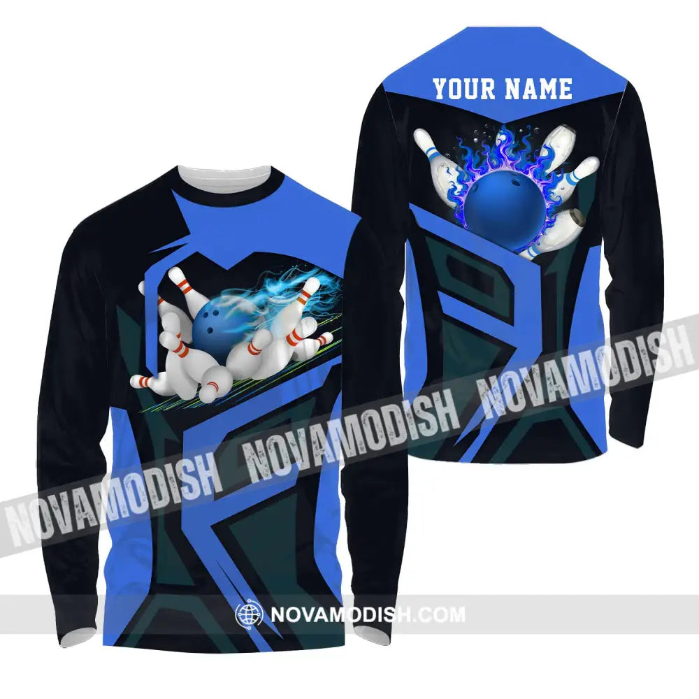 Unisex Shirt - Custom Text Blue Bowling Player Sport Shirt Long Sleeve Shirt / S T-shirt